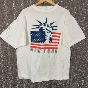 Vintage 90s Peach NYC New York Souvenir Shirt Statue of Liberty American Flag Lg